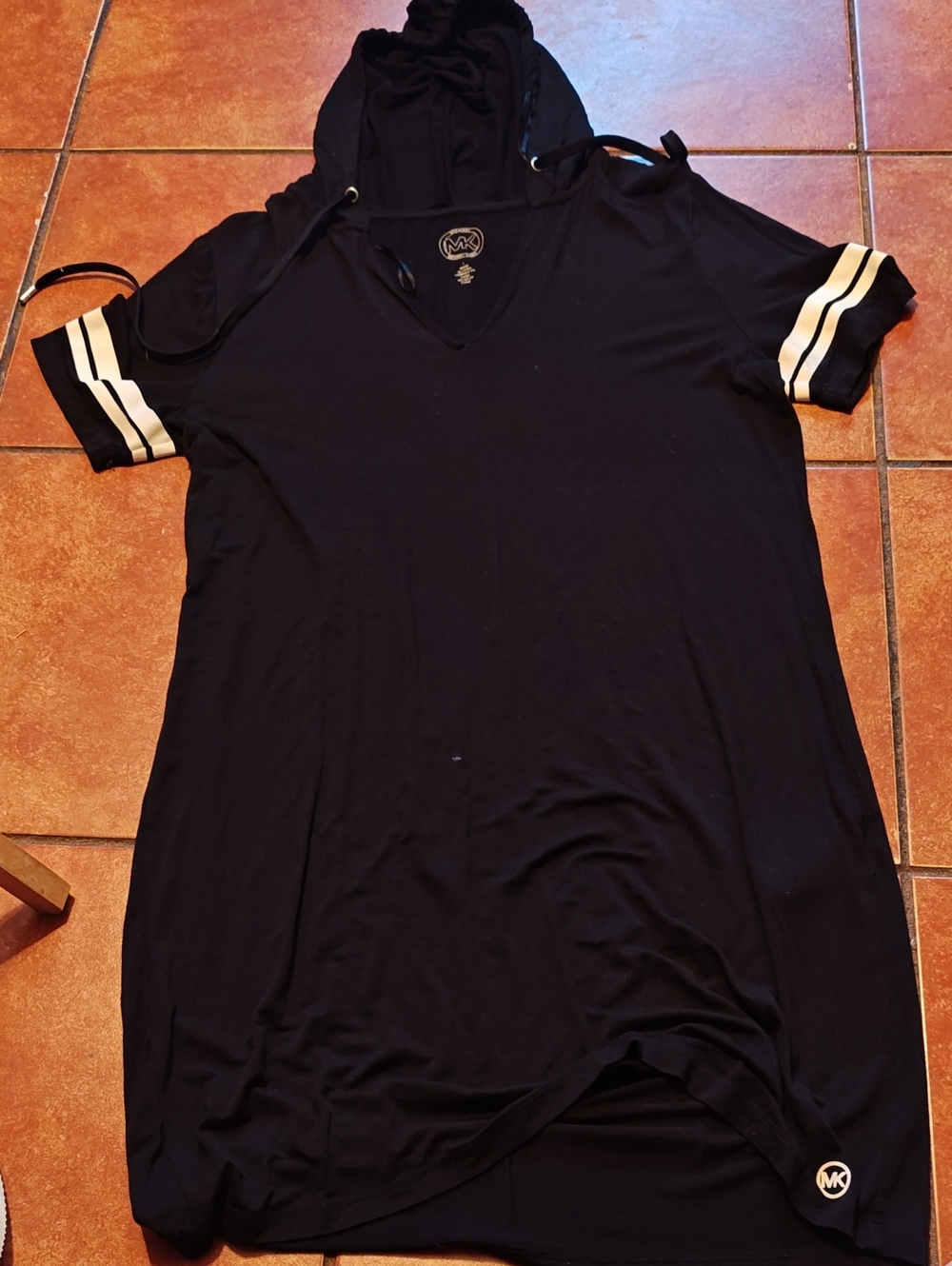 Michael Kors Black Mini Hoodie Dress with White Sleeve Stripes